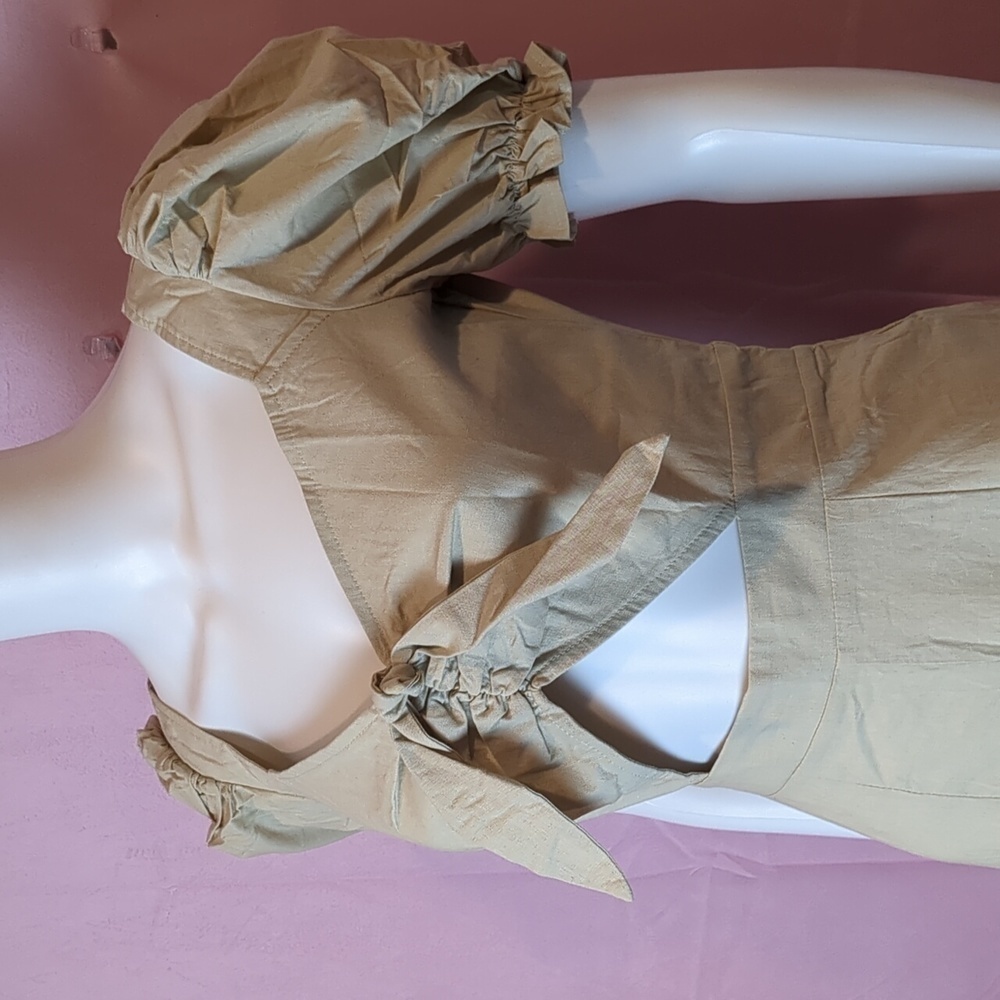 Nasty Gal Tie Front Puff Sleeve Cut Out Culotte Jumpsuit in Stone size 2 - Picture 2 of 6